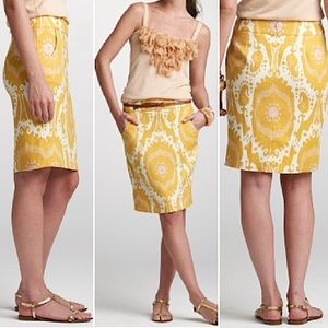 🆕J.Crew Ochre Ikat print 100% linen pencil skirt | Sz 4
